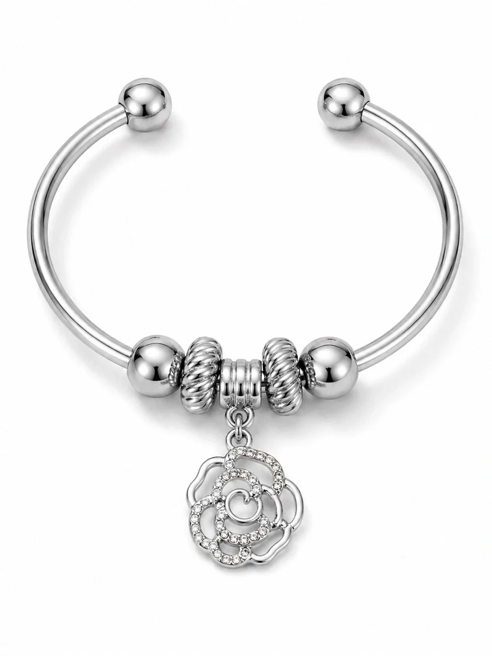 Silver Open Cuff Bangle Bracelet with Crystal Rose Charm Beads